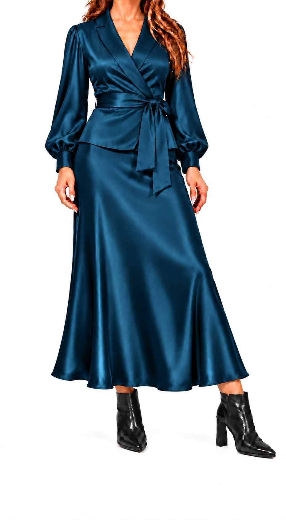 Conjunto Celeste | Blusa cruzada y falda satinada