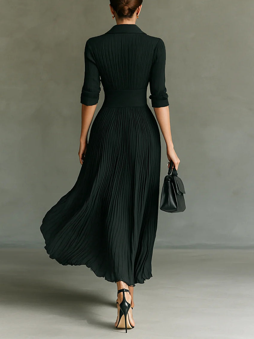 Elvire | Vestido Largo Plisado con Solapa y Talle Alto