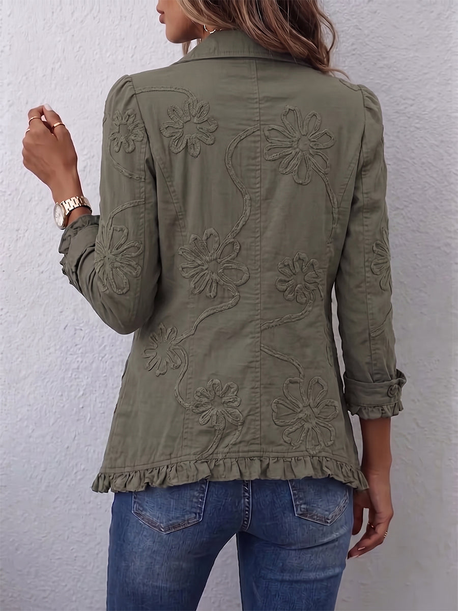 Alessandra | Chaqueta Bohemia-Chic Bordada con Flores Verde Retro con Volantes