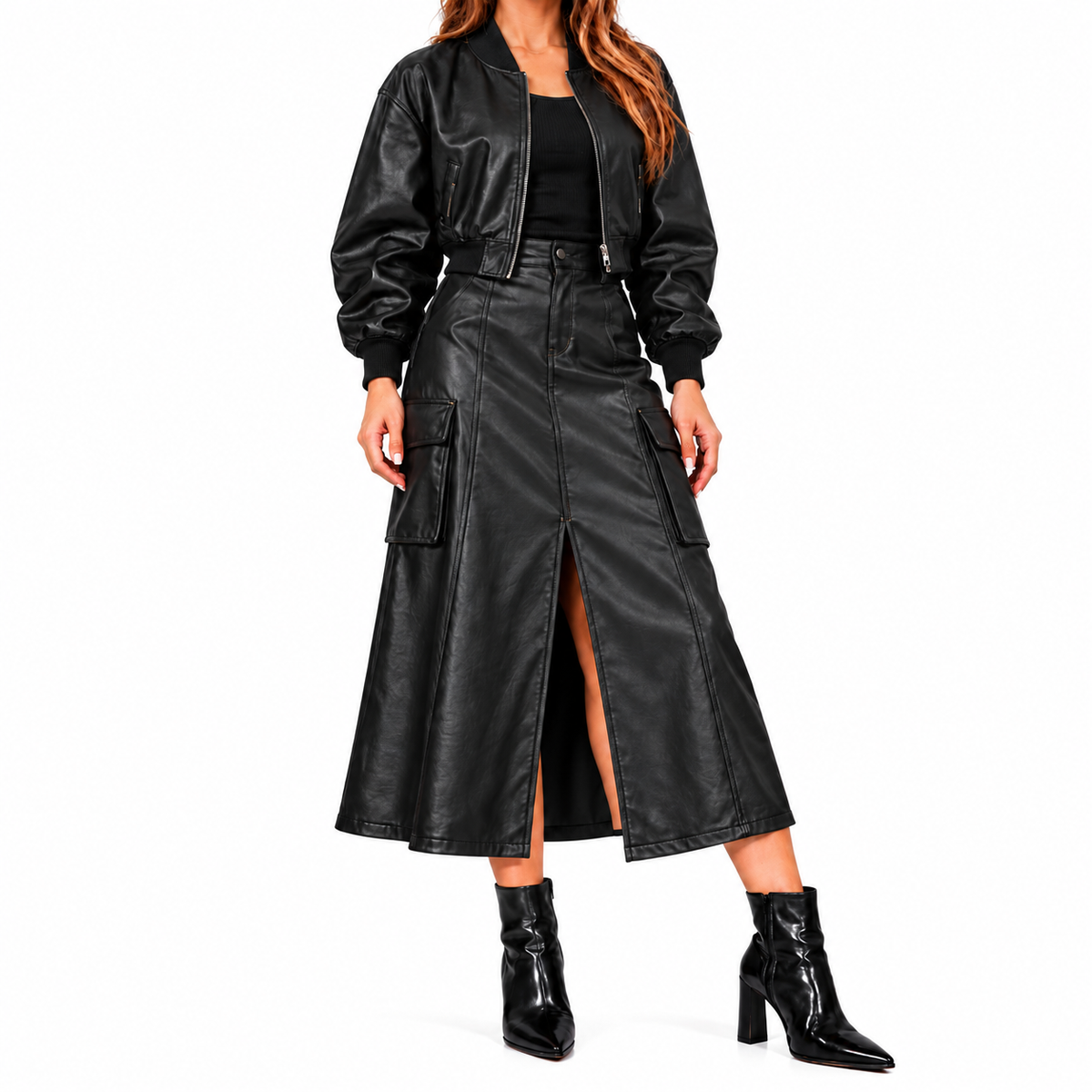 Conjunto Dakota | Bomber y falda cargo efecto piel