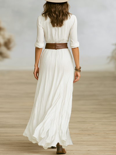 Aurore | Vestido Largo de Lino con Cuello Vuelto