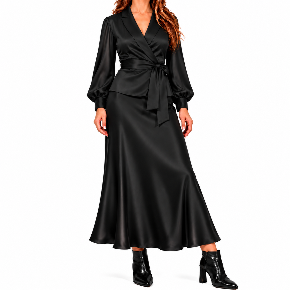 Conjunto Celeste | Blusa cruzada y falda satinada