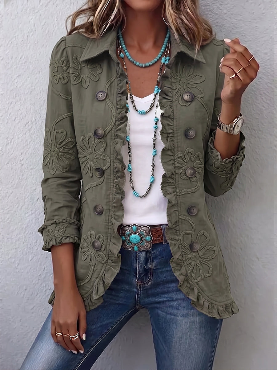 Alessandra | Chaqueta Bohemia-Chic Bordada con Flores Verde Retro con Volantes